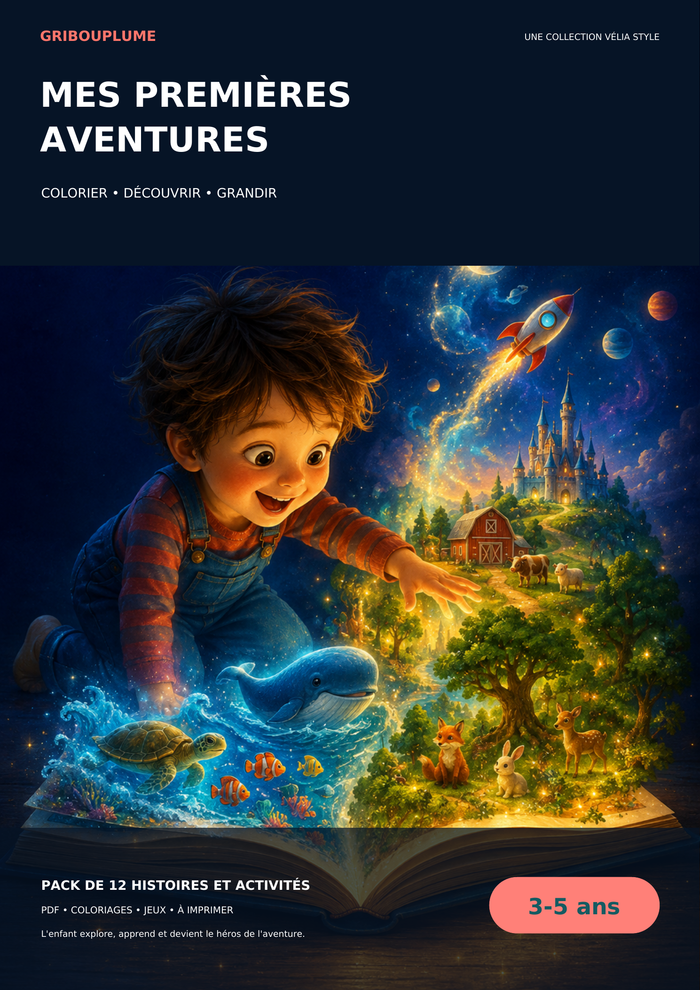 Couverture — Pack GribouPlume 3–5 ans – 12 histoires à colorier